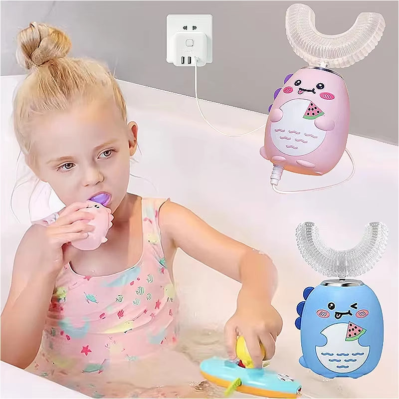Children U-Shaped Electric Toothbrush 360 Degrees Smart Cartoon Kids Silicone Toothbrush Automatic Rechargeable Sonic Toothbrush